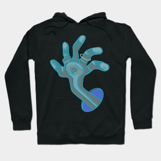 Weird abstract hand drawing coming out of a blue hole in light blue and brown colors Hoodie